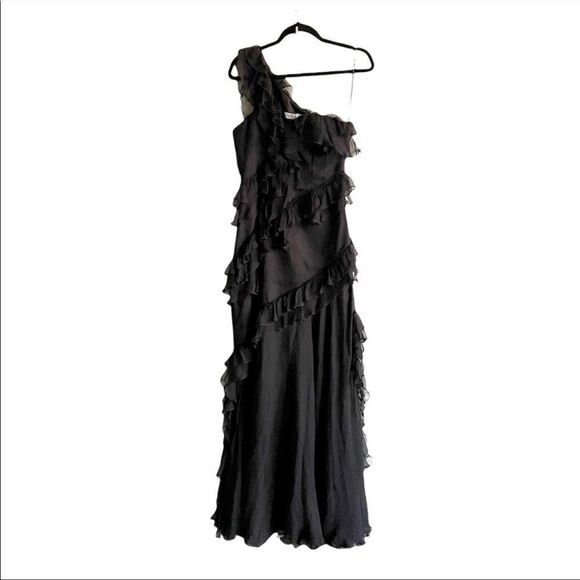 AMUR Harlow Silk Sleeveless One-Shoulder Ruffle Maxi Dress Black 0 - Picture 14 of 16